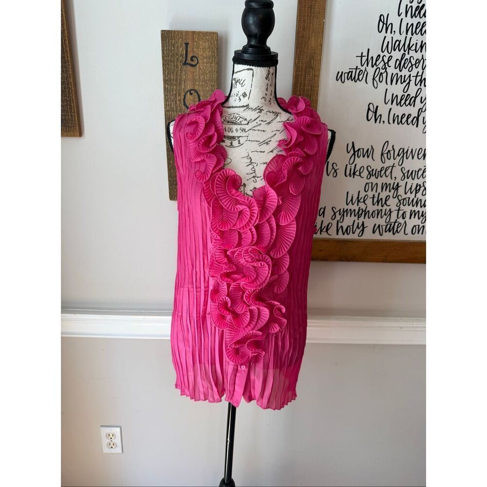Serenade New York Women's Ruffled Pleated Button Front Sleeveless Blouse Pink XL